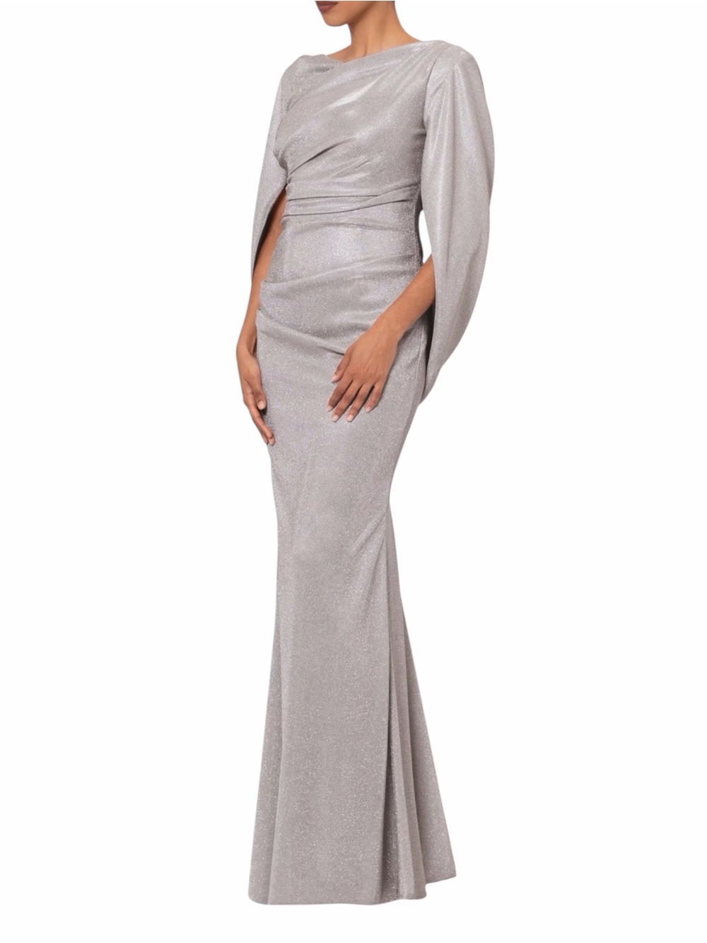 Betsy & Adam Drape Metallic Evening Gown Silver - Size 10
